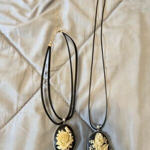 Black Cord Necklace with Cream Floral Cameo Pendant